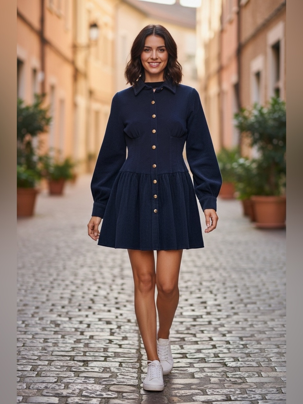 Commense Dark Blue Long Sleeve Button-Front Dress